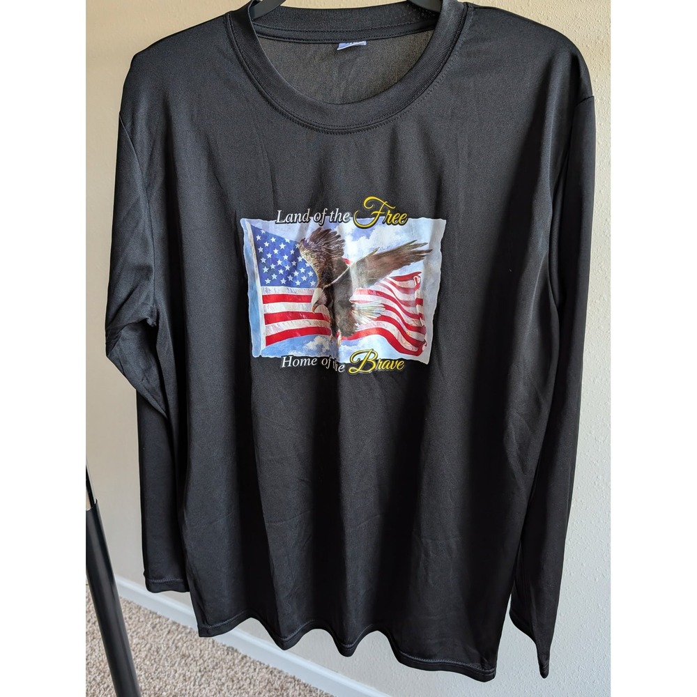 Mens Black Patriotic Eagle American Flag Long Sleeve Graphic T-Shirt Size L